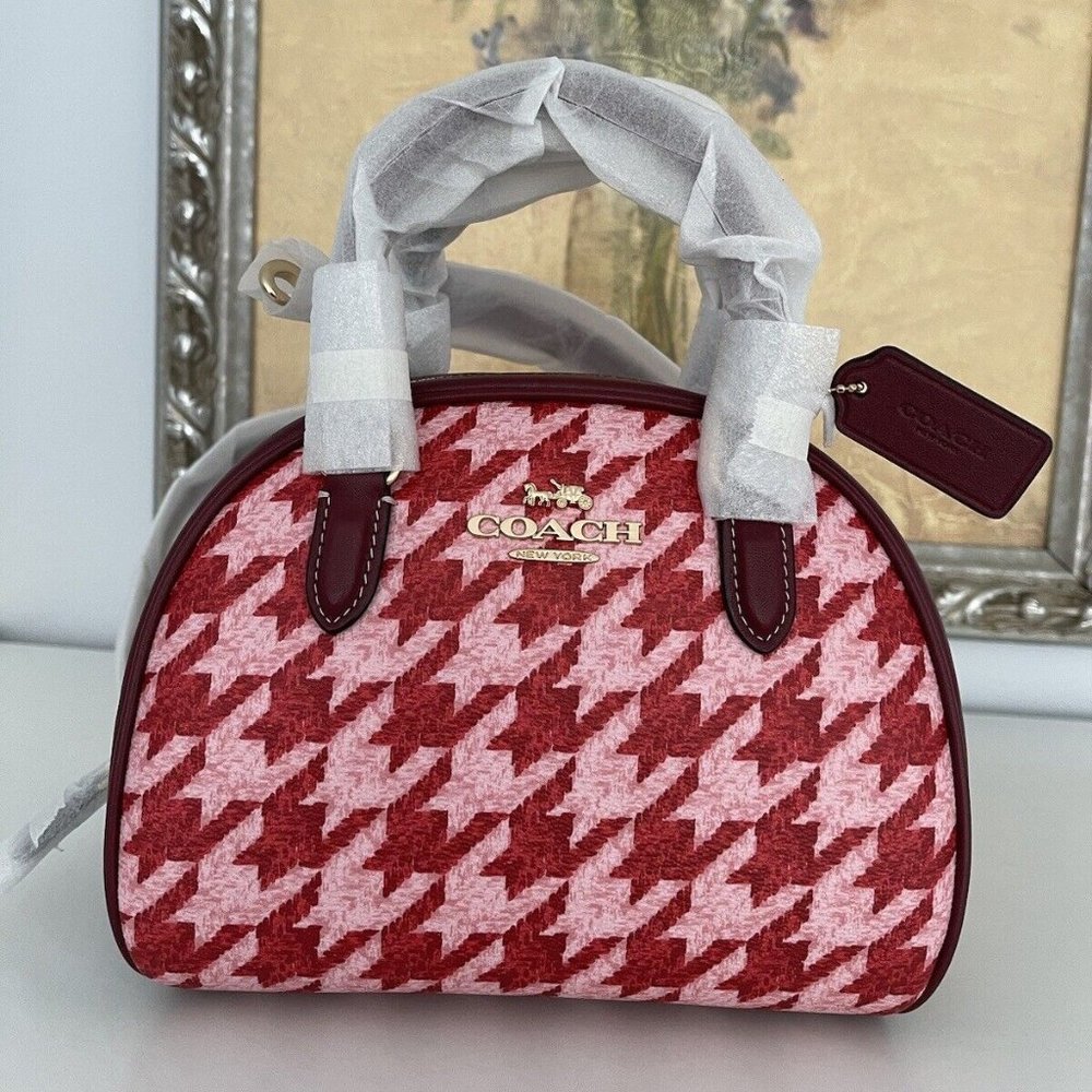 NWT COACH Sydney Satchel Crossbody With Houndstooth Print In Pink/Red